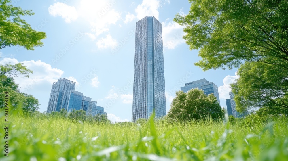Fototapeta premium A towering modern skyscraper viewed from a low angle through lush green grass and trees, sunny day with clear blue sky, and urban nature contrast.