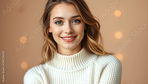 Elegant Smiling Woman in Cozy White Sweater Against Soft Beige Background
