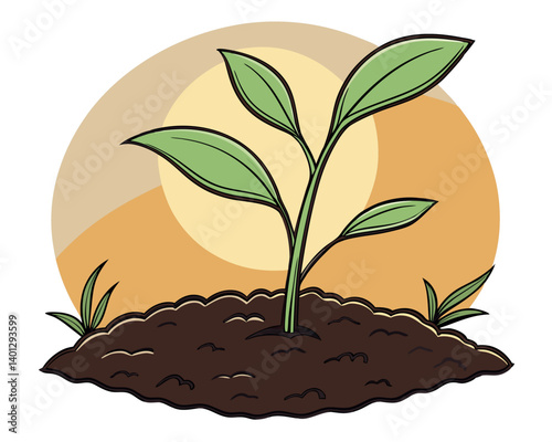 Young Plant Sprouting from Soil with Sunlight Background Illustration