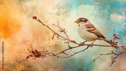 Obraz na płótnie A delicate little sparrow perched gracefully against a natural backdrop, captured in its vibrant natural setting. w salonie