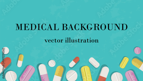 Medical background with close up of various pills and capsules. Vector illustration.