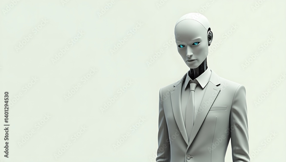 Friendly humanoid robot in formal suit with tie on white background, futuristic AI, copy space Friendly humanoid robot in formal suit with tie on white background, futuristic AI, copy space