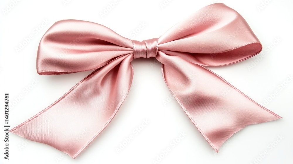 A delicate pink silk bow placed perfectly on a white background, ideal for gift wrapping or decoration.