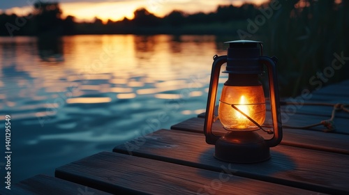 Sunset Serenity: A Glimmering Lantern on a Lake Pier