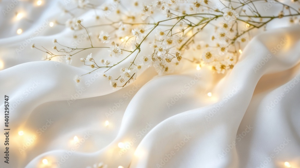 Elegant White Silk Fabric with Baby's Breath Flowers and Fairy Lights