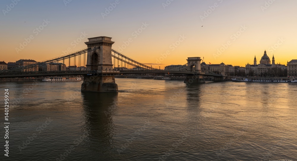 Fototapeta premium Chain Bridge Sunset Panorama - Stunning sunset view of the Chain Bridge in Budapest, Hungary, with the cityscape and river reflecting the golden light
