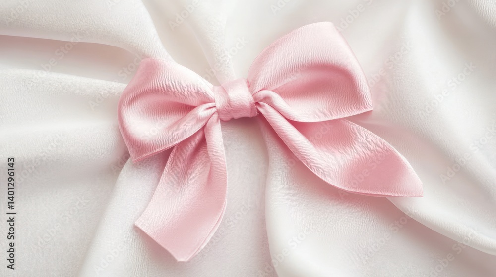 A delicate pink silk bow placed perfectly on a white background, ideal for gift wrapping or decoration.