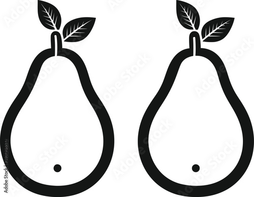 Black and White Line Drawing of Two Pears with Attached Leaves, Displayed Side by Side in a Minimalist Style