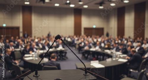 Wallpaper Mural Conference Podium and Attendees - A microphone on a podium in a large conference room with many attendees Torontodigital.ca