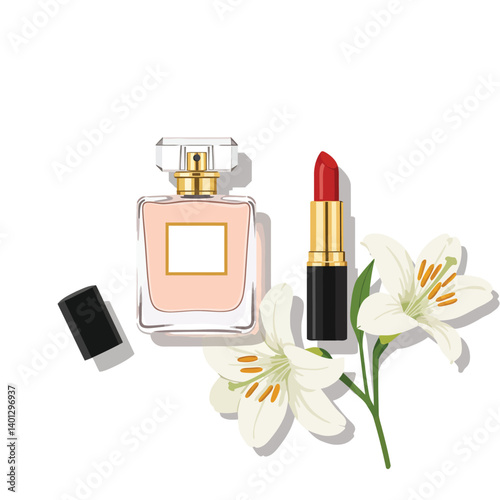 Elegant perfume bottle and lipstick with white flowers in flat vector art