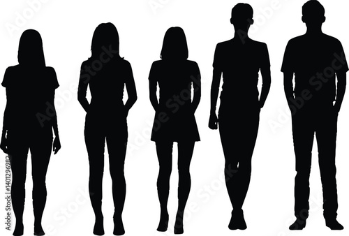 Black Silhouettes of Five People Standing Side by Side, Representing Diversity in Human Body Shapes and Sizes