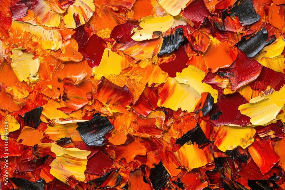 Vivid palette knife strokes in fiery red, orange, and yellow with thick impasto texture