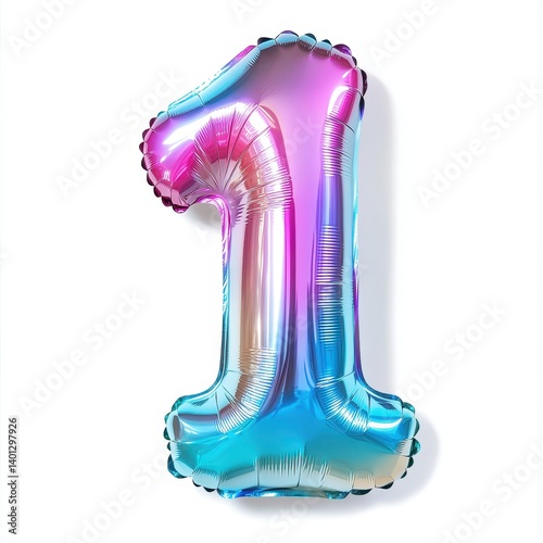 Iridescent number one balloon on white background