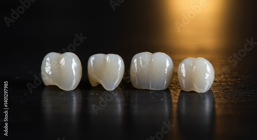 Dental Crowns: Precision Crafted Restorations - High-quality showcasing four meticulously crafted dental crowns, exhibiting exceptional detail and craftsmanship. Ideal for dental professionals