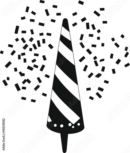 Black and White Silhouette of a Party Popper with Diagonal Stripes, Circular Decorations, and Confetti Burst