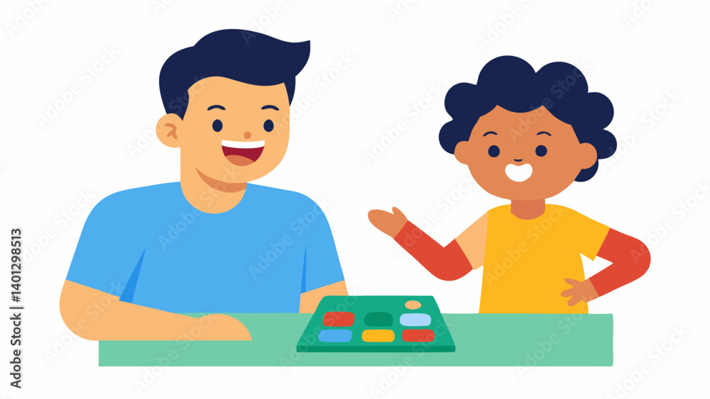 Playful Interaction A parent and child sharing a laugh while examining a board game with fun graphics of game pieces and a colorful box evident.