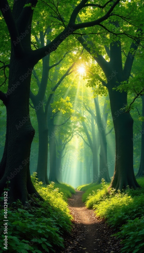 Naklejka premium Sun-dappled forest arch of interwoven branches, environment, green