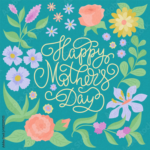 Greeting card with floral design and lettering Happy Mothers Day in line style. Vector color illustration.