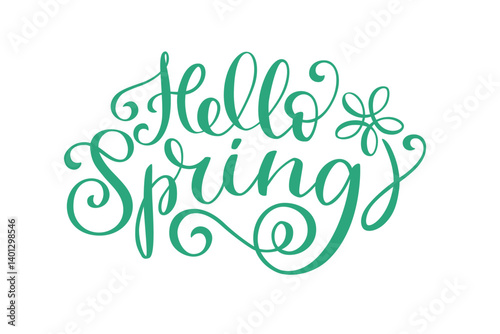Hello Spring lettering in script style. Brush hand written calligraphy style with flourish