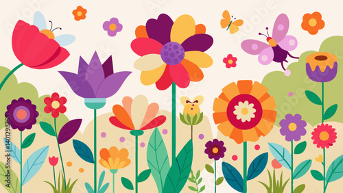 Vibrant spring flowers illustration with a floral pattern design
