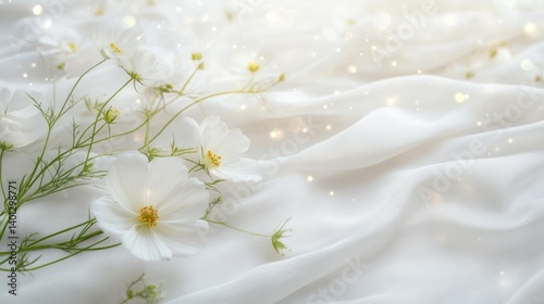 White Cosmos Flowers on Soft Fabric, Elegant Floral Still Life Photography
