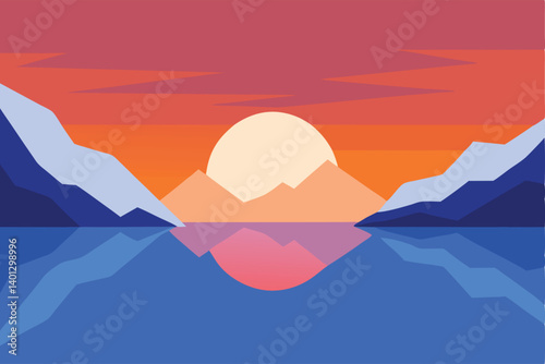 sunset sky reflecting on glacier lake vector illustration