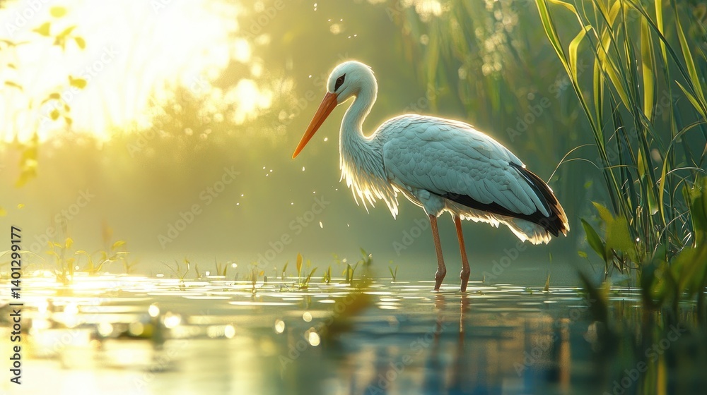 Naklejka premium Majestic stork wading in serene sunrise