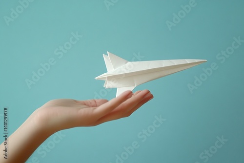 Sky blue background, origami rocket launching from hand, startup and creativity concept, dynamic motion, clean design 