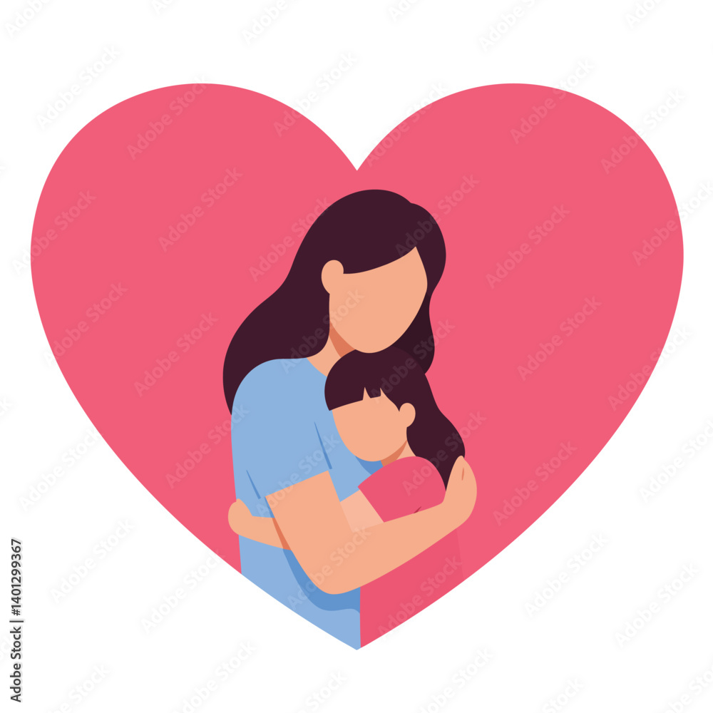 Mother embracing child within a heart shape in flat vector art Mother embracing child within a heart shape in flat vector art