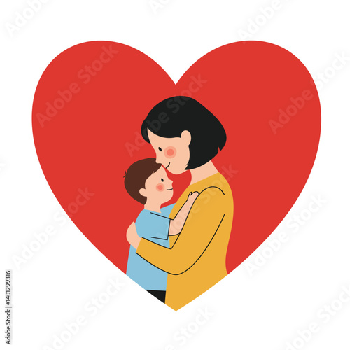 Heartwarming mother and child embrace in flat vector illustration style