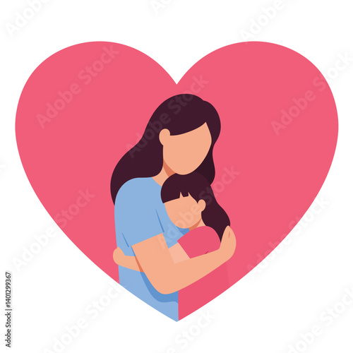 Mother embracing child within a heart shape in flat vector art