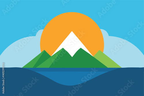 sunrise hitting mountain peak above lake vector illustration