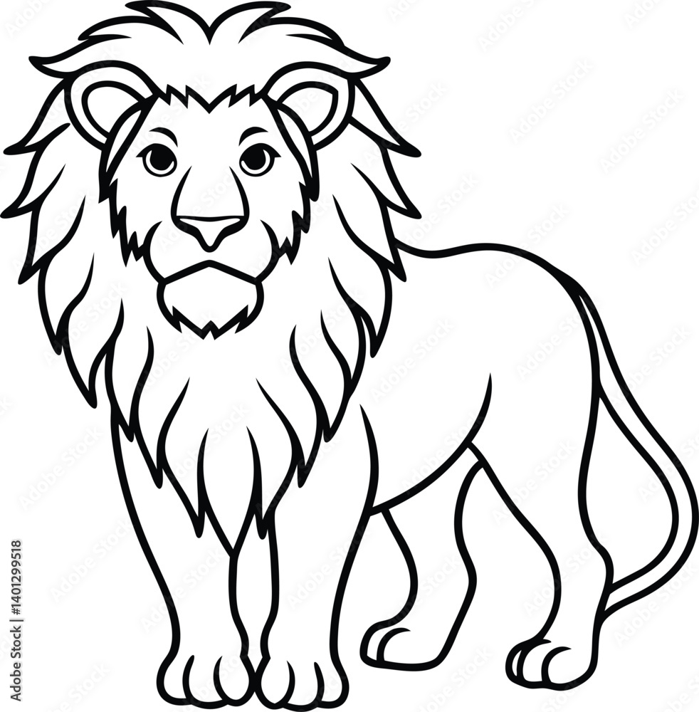Black and White Illustration of a Standing Lion with Detailed Mane Black and White Illustration of a Standing Lion with Detailed Mane