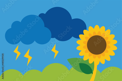 stormy summer clouds over sunflower field vector illustration