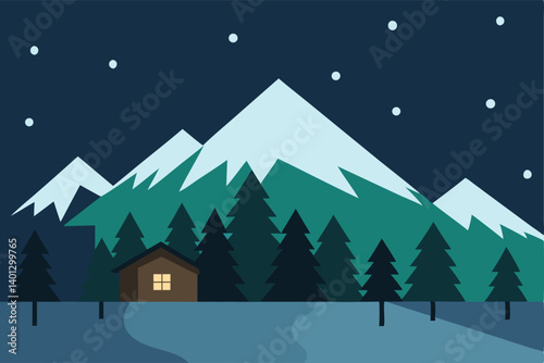 snowfall over mountain cabin in silent forest vector