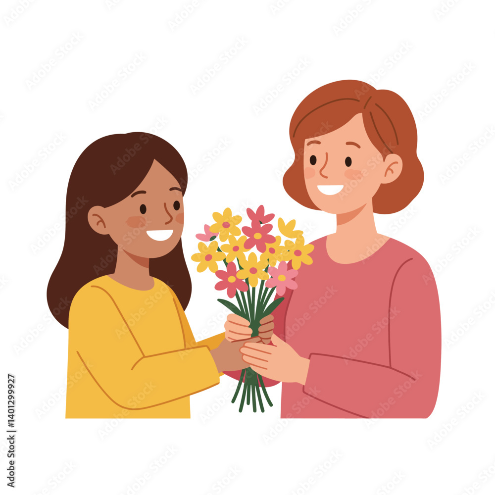 Two women exchanging a bouquet of colorful flowers in flat vector art Two women exchanging a bouquet of colorful flowers in flat vector art