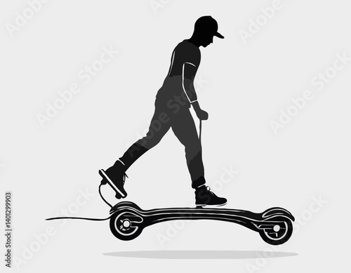 Personne Se déplacer sur l’hoverboard électrique Icône silhouette noire. Homme sur l’électricité Puissance Gyroscooter Glyph Pictogramme. Mobilité urbaine moderne Transport Symbole plat. Illustration 
