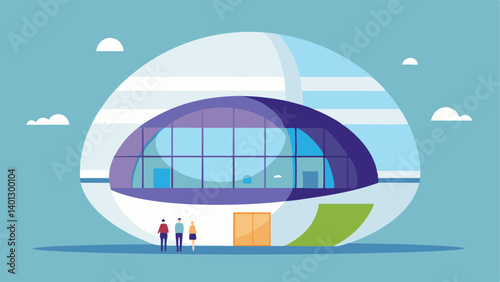Floating Sphere A large smooth spherical building floats above the ground its surface made of gleaming glasslike material. Large oval windows wrap around the structure allowing