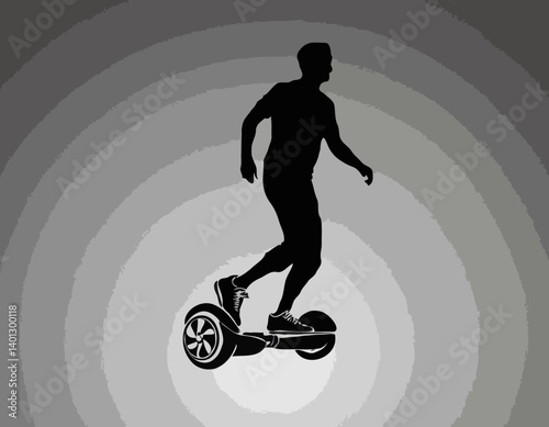 Personne Se déplacer sur l’hoverboard électrique Icône silhouette noire. Homme sur l’électricité Puissance Gyroscooter Glyph Pictogramme. Mobilité urbaine moderne Transport Symbole plat. Illustration 