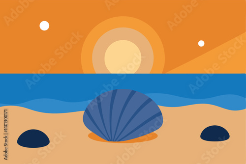 seashells and pebbles on wet sand at sunrise vector