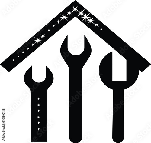 Black and White Silhouette of Three Tools—Two Wrenches and One Spanner—Arranged Vertically Under a Stylized Roof with Sparkles