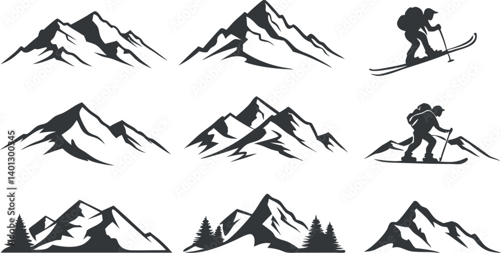 Fototapeta premium Mountain Silhouette Vector Set – Black and White Mountain Peak Illustrations on White Background