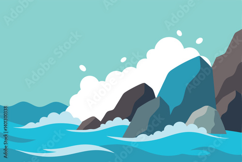rocky shore with crashing waves and sea foam vector