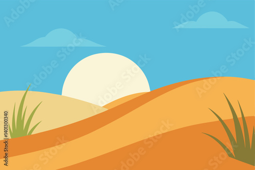 sand dunes and grass under sunrise sky vector illustration