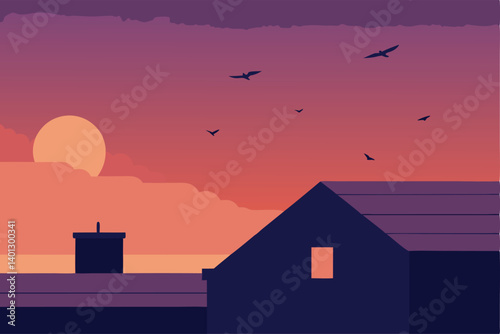 rooftop view of sunset sky with birds flying vector