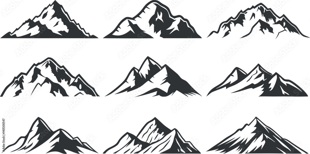 Fototapeta premium Mountain Silhouette Vector Set – Black and White Mountain Peak Illustrations on White Background