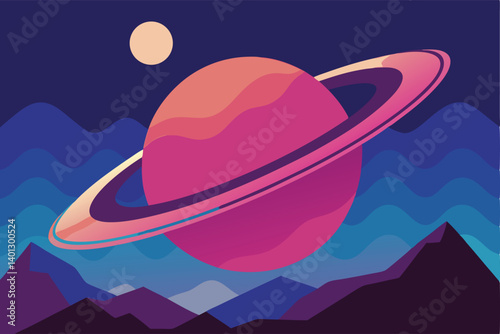 retro sci fi planet landscape with rings vector illustration