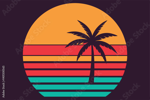 retro sunset stripes over tropical palm beach vector