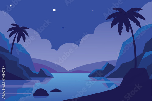 quiet cove with rocks and palms at twilight vector