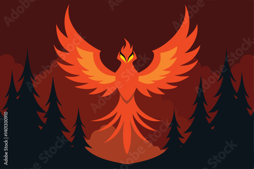 phoenix rising from flames in dark forest vector